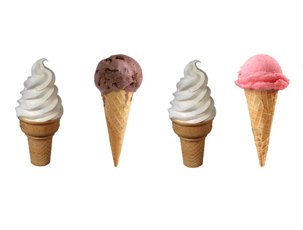 Verschiedene Eissorten Zuckertüten Isoliert Auf Weißem Hintergrund — Stockfoto