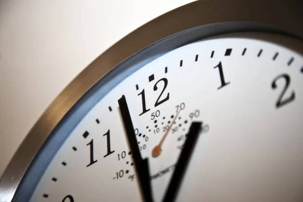 closeup of a modern white clock with a silver rim