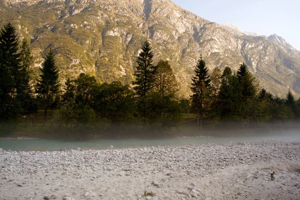 Niebla Río Soca Los Alpes Julianos Eslovenos — Foto de Stock