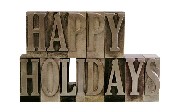 Uitdrukking Happy Holidays Boekdruk Metalen Letters Geïsoleerd Wit — Stockfoto
