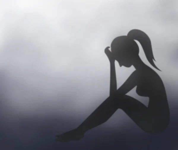 Pintura Digital Mulher Triste Deprimida Sentada Com Nuvens Escuras — Fotografia de Stock