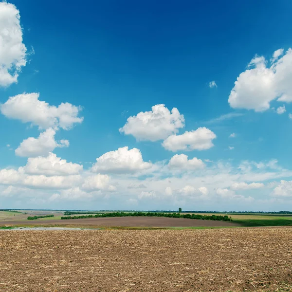 Campo Arado Negro Bajo Cielo Azul Con Nubes Blancas — Foto de Stock