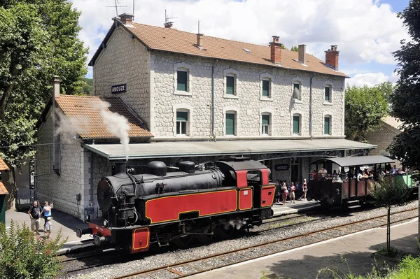 Stoom Locomotieven Toeristische Trein Van Anduze Terugwijkende Hangen Van Auto — Stockfoto