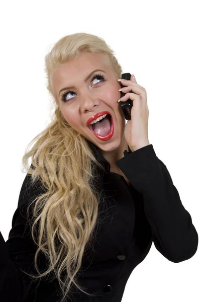 Jovem Fêmea Com Telefone Celular Fundo Branco — Fotografia de Stock