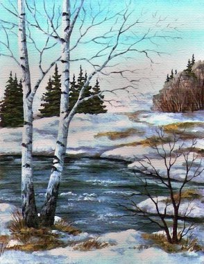 Picture oil paints on a canvas, landscape: birches at the river, spring clipart