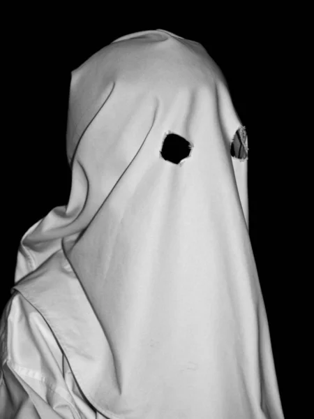 Scary White Hooded Figure Plain Black Backdrop — Stock Photo, Image