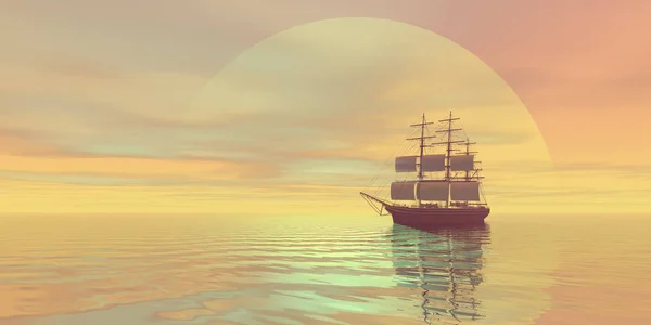 Bir Yelkenli Gemi Altın Denizlerde Yelken — Stok fotoğraf
