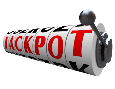 The word Jackpot appears on slot machine wheels illustrating the money payout of a game or form of gambling clipart