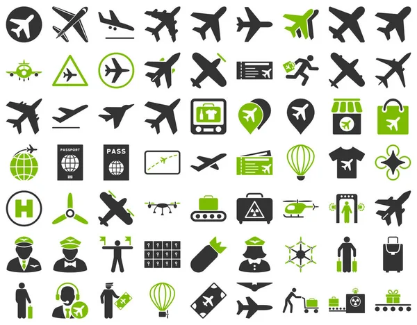 Aviation Icon Set Flat Bicolor Icons Use Eco Green Gray — Stock Photo, Image