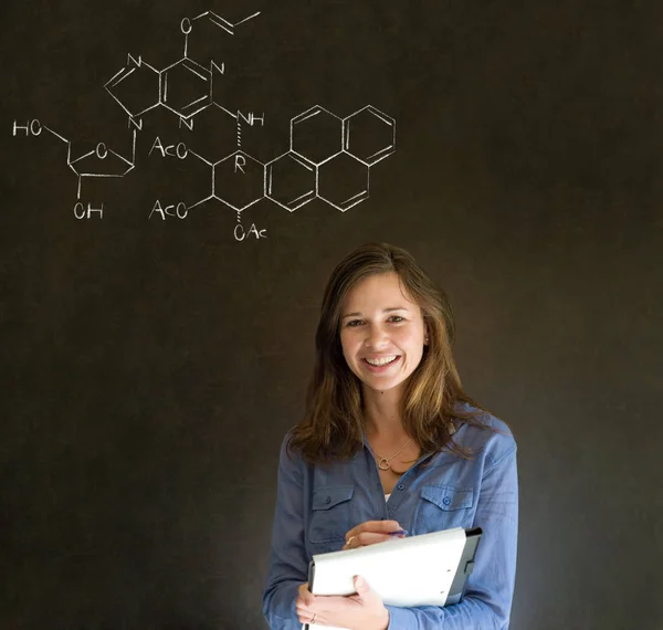 Learn Science Chemistry Formula Confident Beautiful Woman Teacher Chalk Blackboard — Stock Photo, Image