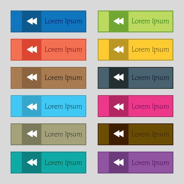 Sinal Ícone Rebobinagem Conjunto Doze Botões Retangulares Coloridos Bonitos Alta — Fotografia de Stock