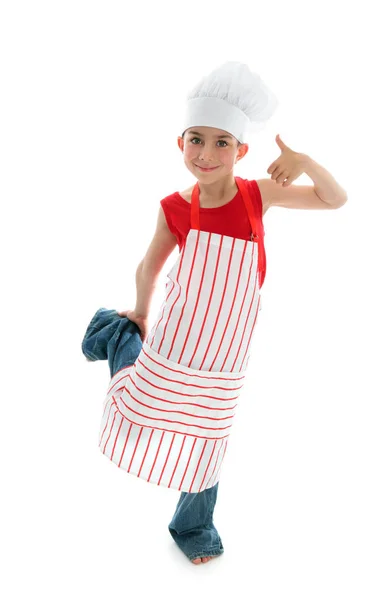 Jovem Chef Criança Vestindo Avental Listrado Vermelho Branco Chapéu Chef — Fotografia de Stock