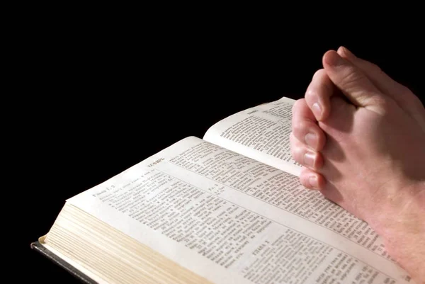 Mans Hands Clasped Prayer Bible — Stock Photo, Image