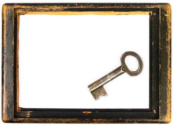 Vintage Wooden Frame Old Small Key — Stock Photo, Image