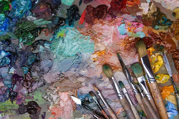 Pinceaux Artistes Peintures Huile Sur Palette Bois Macro Artiste Palette — Photo