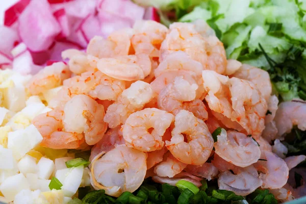 Shrimps Peeled Cooked Vegetables White Background Closeup — Stock Photo, Image