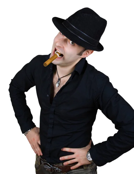 Crazy Man Black Hat Cigar Isolated White Clipping Path — Stock Photo, Image