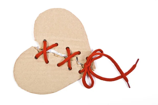 Torn Cardboard Heart Red Shoelace — Stock Photo, Image