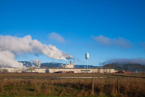 Moinho Papel Oregon Emite Fumaça Poluição Para Limpo Céu Azul — Fotografia de Stock