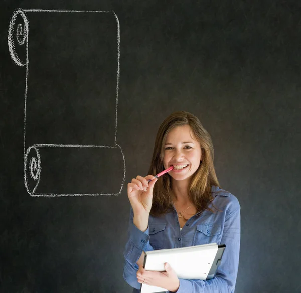 Business Woman Student Teacher Menu Scroll Checklist Blackboard Background — Stock Photo, Image