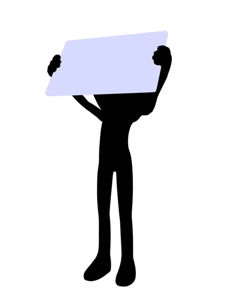 可爱的黑色剪影的家伙拿着一个空白的名片在白色背景 — 图库照片
