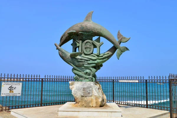 Rethymno Stad Griekenland Dolfijnen Standbeeld Landmark Architectuur — Stockfoto