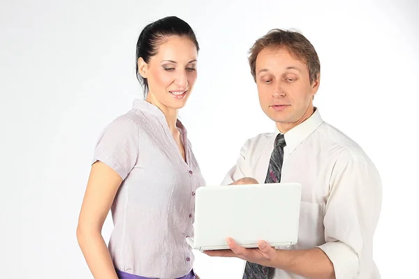 Hombre Negocios Mujer Negocios Discuten Proyecto Teniendo Control Sobre Computadora — Foto de Stock