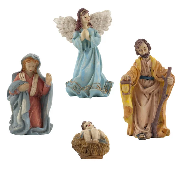 Quattro Ceramiche Isolate Statuette Bianche Raffiguranti Gesù Maria Giuseppe Angelo — Foto Stock