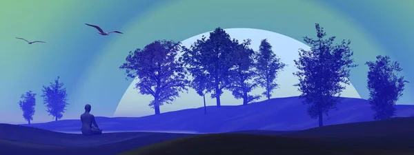 Menschliche Meditation Blauen Hintergrund Natur Bei Sonnenuntergang — Stockfoto