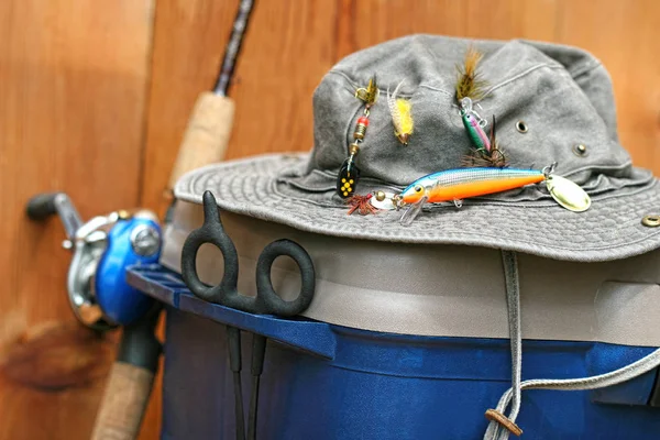 Caja Aparejos Pesca Sombrero Carrete Madera — Foto de Stock