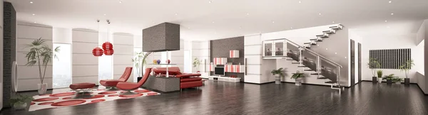 Wnętrze Hali Salon Nowoczesny Apartament Panorama Render — Zdjęcie stockowe