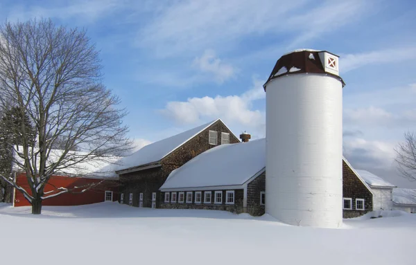 Granero Con Silo Cubierto Nieve Durante Invierno Nueva Inglaterra — Foto de Stock