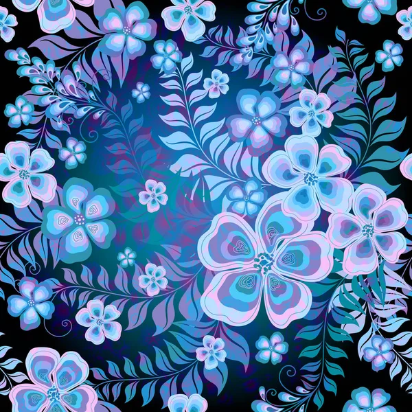 Nahtloses Schwarz Weiß Blaues Blumenmuster Mit Blüten Und Blättern — Stockfoto