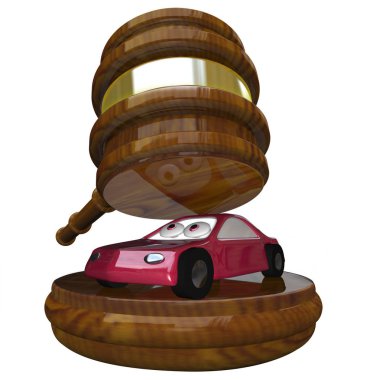 A red 3d illustration of a car under a gavel symbolizing someone who has gone bankrupt or fallen behind on payments and is losing a vehicle to being reposessed or seized as part of a court settlement clipart