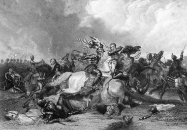 Richard III and the Earl of Richmond at the Battle of Bosworth in 1485 on engraving from the 1800s. Engraved by J.Rogers after a painting by A.Cooper and published by J.& F.Tallis. clipart