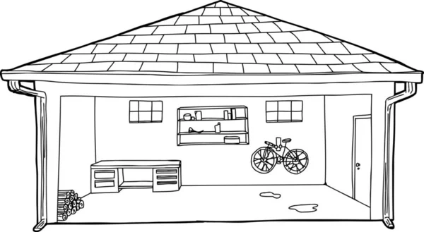 自転車とワークベンチ オープンの住宅のガレージの漫画を概要します — ストック写真