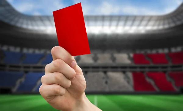 Hand Holding Red Card Stadium Full France Football Fans — Stock Photo, Image