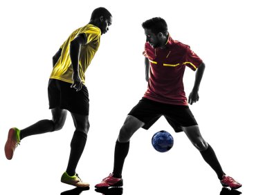 two men soccer player playing football competition in silhouette  on white background clipart