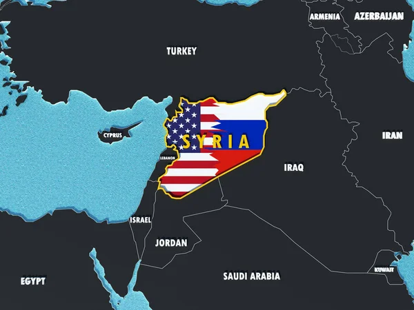 乌俄关于叙利亚冲突的争论比喻 美国和俄罗斯国旗在叙利亚地图中对峙 — 图库照片