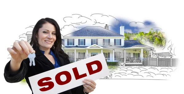 Hispanic Woman Holding Key Sold Sign House Drawing Photo Combination — Stok Foto