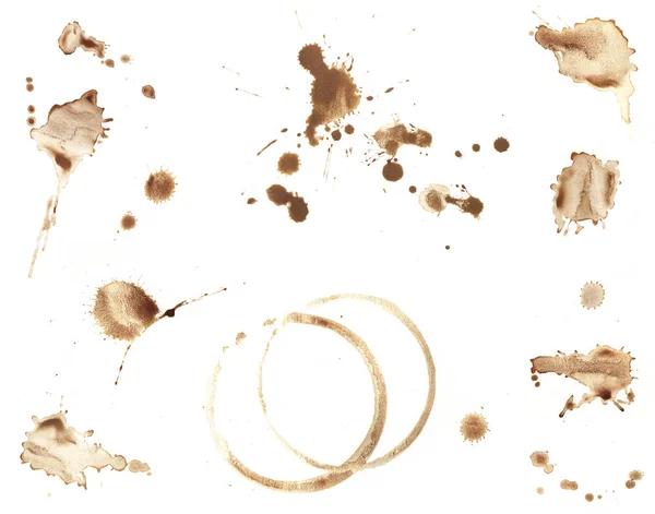 Verzameling Van Bruin Koffie Vlekken Splatters Geïsoleerd Wit — Stockfoto