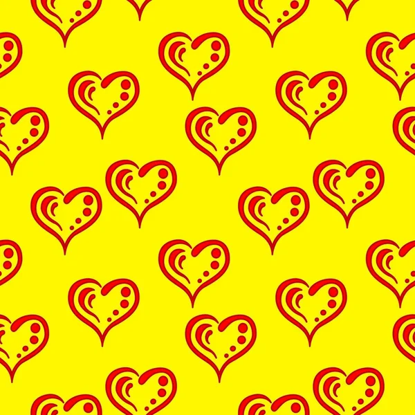 Fondo Sin Costuras Abstracto Corazones Rojos Simbólicos Amarillo Pictogramas — Foto de Stock