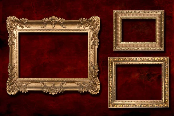 Gold Frames Grunge Red Textured Background — Stock Photo, Image