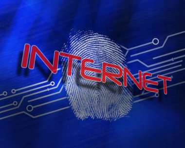 The word internet against fingerprint on digital blue background clipart