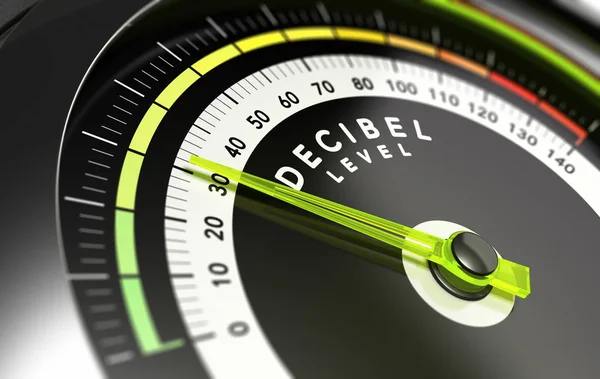 Decibel Measurement Gauge Green Needle Pointing Concept Noise Reduction — Stock Photo, Image