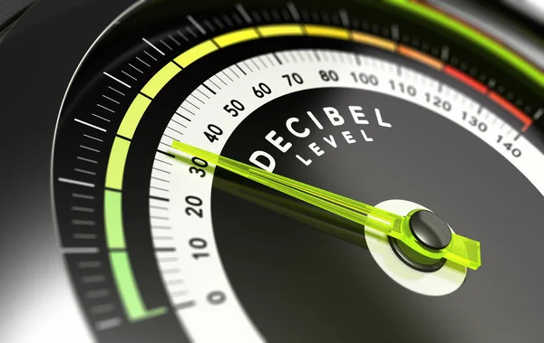 Decibel Meting Meter Met Groene Naald Wijst Concept Van Geluidsreductie — Stockfoto