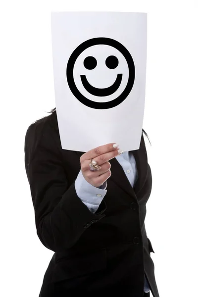 Empresária Segurando Sorriso Impresso Rosto Engraçado Isolado Fundo Branco — Fotografia de Stock