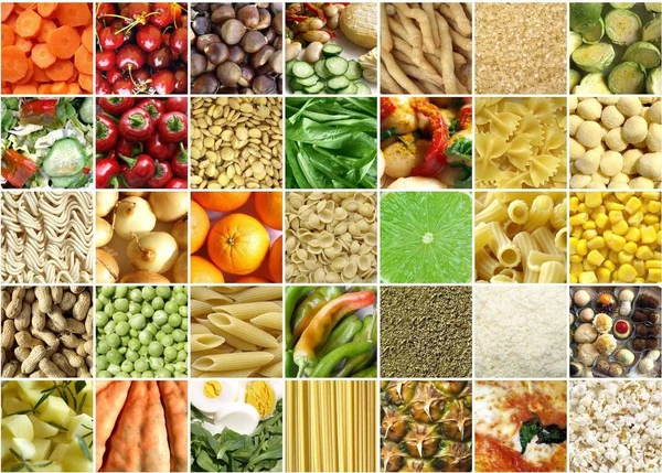 Colagem Alimentos Incluindo Fotos Legumes Frutas Massas — Fotografia de Stock