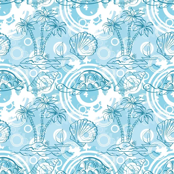 Seamless white and blue pattern. Sea island with palm trees, boat, turtles, shells, contours.