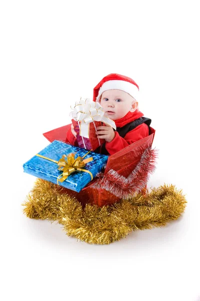 Infante Feliz Con Regalos Caja Navidad Decorada —  Fotos de Stock